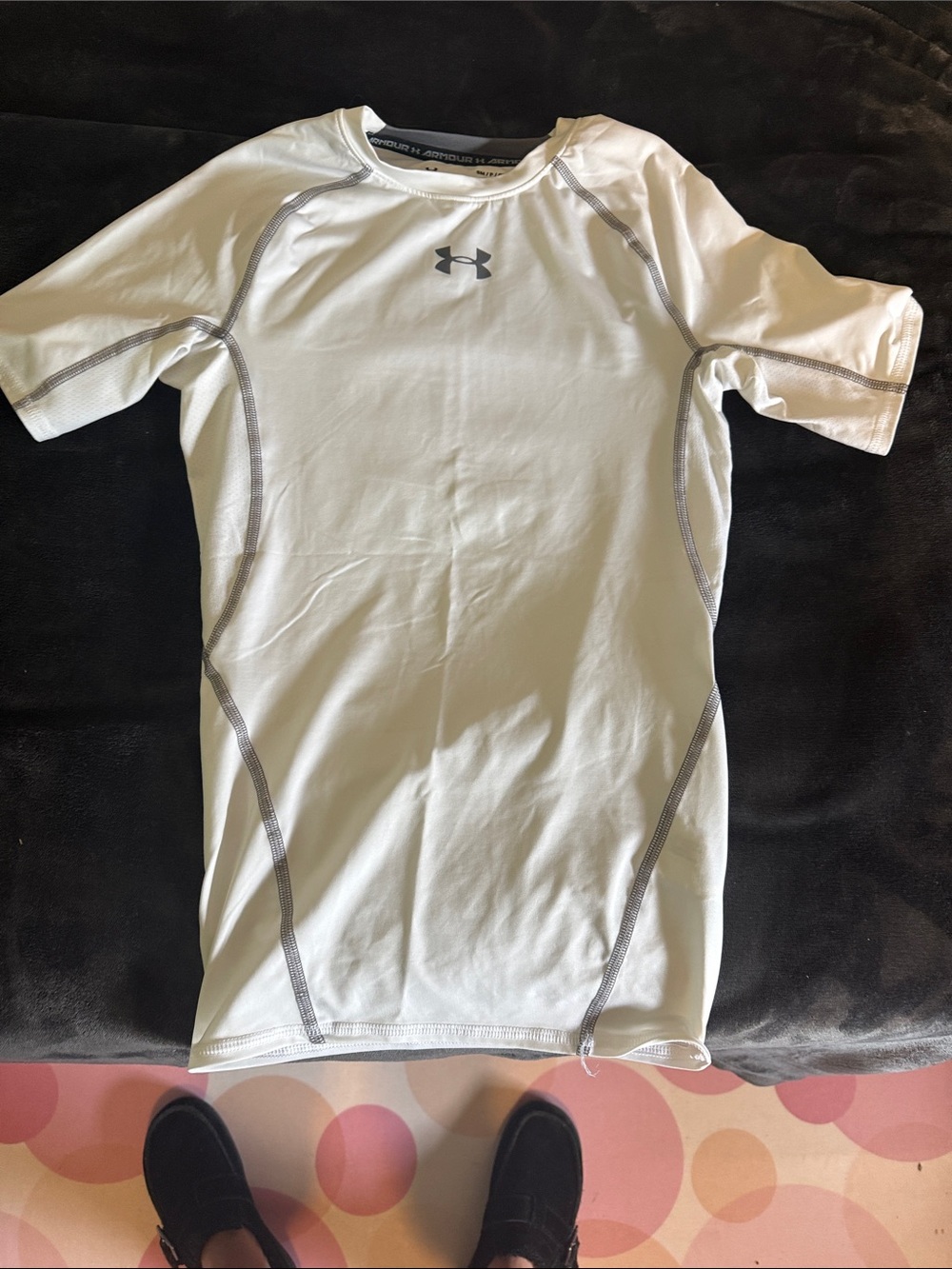 Under Armour White Short Sleeve Compression Top with Gray Stitching